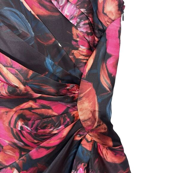 Kay Unger Iris Oxblood Multi Floral One-Shoulder Handkerchief Hem Midi Size 6 - Picture 7 of 13